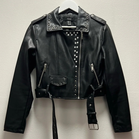 Forever 21 Jackets & Blazers - NWOT Forever 21 Black Faux Leather Moto Jacket with Silver Embellishment